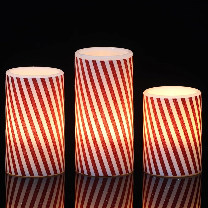 DRomance Christmas Flameless Candles Battery Operated with 6 Hour Timer, Real Wax Flickering LED Pillar Candles Candy Cane Decals Dinner Party Holiday Indoor Table Decor(3 Pack, 3" D x 4", 5", 6" H) - Image 1
